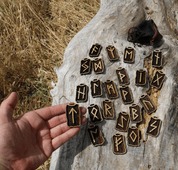 WOODEN RUNES SET - FUTHARK, 24 PIECES OF PENDANTS AND POUCH - RUNES