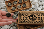 SPINTRIAE, ROMAN TOKENS AND A WOODEN BOX - 7 DAYS OF FUN, ANT. BRASS - EROTIC TOKENS AND COINS