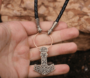 THOR'S HAMMER LEATHER BOLO, BRONZE - BRONZE HISTORICAL JEWELS