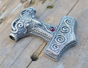 THOR'S HAMMER - MJÖLNIR, SCANIA, PENDANT, SILVERED TIN, GARNET - VIKING PENDANTS