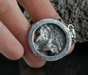 WOLF'S HEAD IN A RING, STERLING SILVER PENDANT - PENDANTS