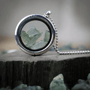 MOLDAVITE STEEL FLOATING LOCKET, ORIGINAL FROM THE CZECH REPUBLIC - MOLDAVITES, CZECH