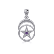 PENTACLE AND LUNA WITH AMETHYST, SILVER PENDANT, AG 925 - ANHÄNGER - SCHMUCK, SILBER