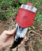 FLOWER, LEATHER DRINKING HORN HOLDER, RED - DRINKING HORNS