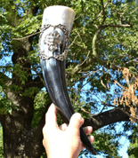 DRINKING HORN WITH A GREEN MAN - HORNS WITH TIN