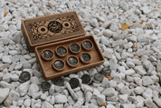 SPINTRIAE, ROMAN TOKENS AND A WOODEN BOX - 7 DAYS OF FUN, ANT. BRASS - EROTIC TOKENS AND COINS