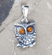 OWL, AMBER AND SILVER, PENDANT - AMBER JEWELRY