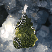 FERN, SILVER PENDANT WITH MOLDAVITE - MOLDAVITES, CZECH