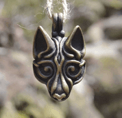 VIKING WOLF HEAD, TIN PENDANT BY WULFLUND, BRASS PLATED - VIKING PENDANTS