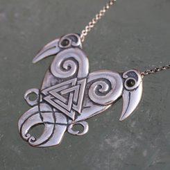 HEART OF THE NORTH WITH moldavite, Hugin and Munin, silver viking necklace