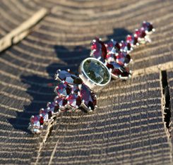 NUADA, silver brooch, moldavite, garnet