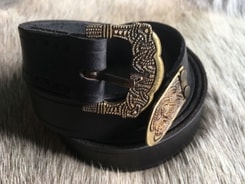GOKSTAD BELT, tin, brass color, black leather