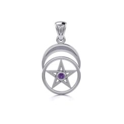 PENTACLE AND LUNA with amethyst, silver pendant, Ag 925