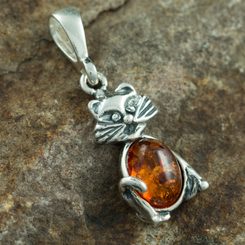 CHAT, pendentif, ambre, argent