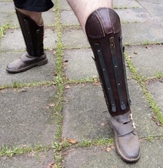 Heavy Leather Greaves Reinforced with Steel Strips, with knee protection, price for the pair