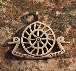 SWAN SHIP WITH SUN, bronze age, bronze pendant