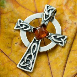 CELTIC CROSS, pendant, silver, amber