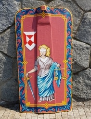 HAND PAINTED PAVISE, long wooden shield JUSTICE
