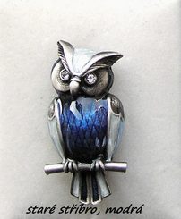 WISE OWL, blue, costume brooch, metal alloy