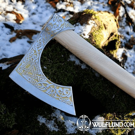 VALKNUT ETCHED VIKING AXE  - GOLD PLATED