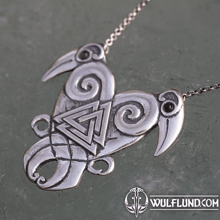 HEART OF THE NORTH WITH MOLDAVITE, HUGIN AND MUNIN, SILVER VIKING NECKLACE
