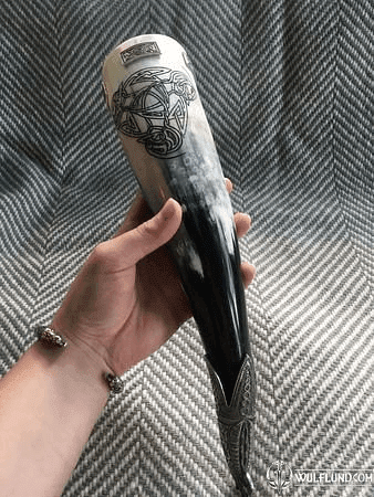 DRINKING HORN WITH VENDEL MOTIVES AND FORGED STAND