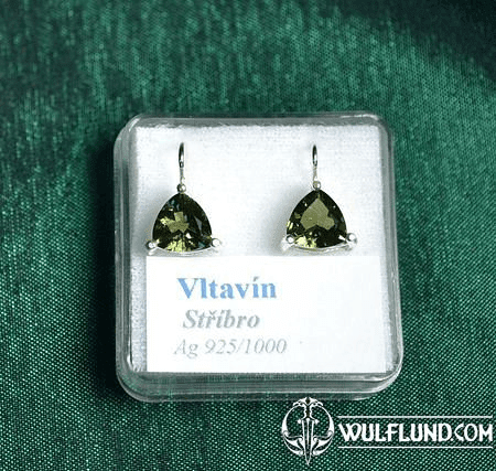 MOLDAVITE SILVER EARRINGS, TRIANGLES, AG 925