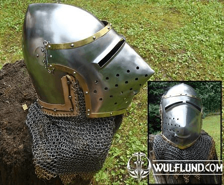 PIG FACE HELMET, CHAIN MAIL AND BRASS