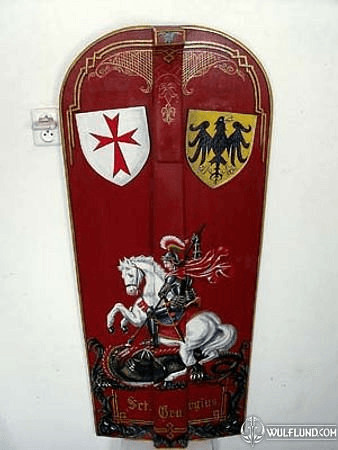 HAND PAINTED PAVISE, LONG WOODEN SHIELD II