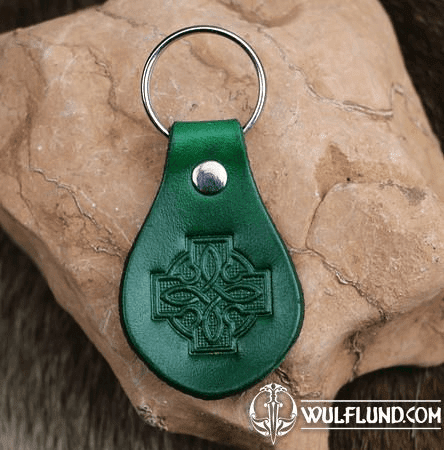 CELTIC CROSS GREEN LEATHER KEYCHAIN