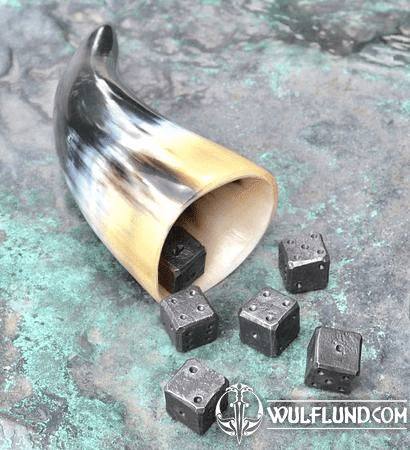 SIX FORGED DICE AND A HORN CUP