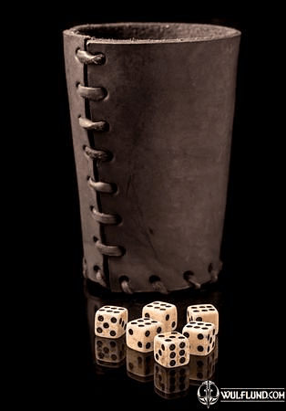 LEATHER DICE CUP BLACK AND 6 BONE DICE