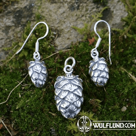 HOPS - HOP CONE, SET OF PENDANT AND EARRINGS, SILVER