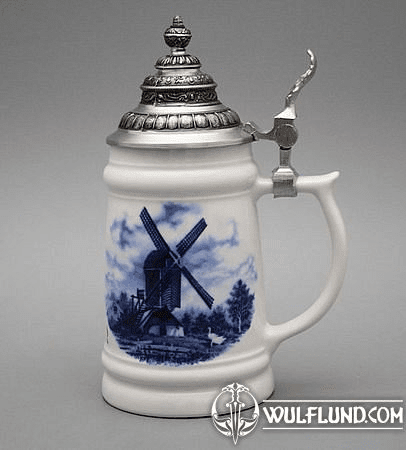 TANKARD AVEC COUVERCLE EN ÉTAIN, MOULIN À VENT, KARLSBAD PORCELAINE