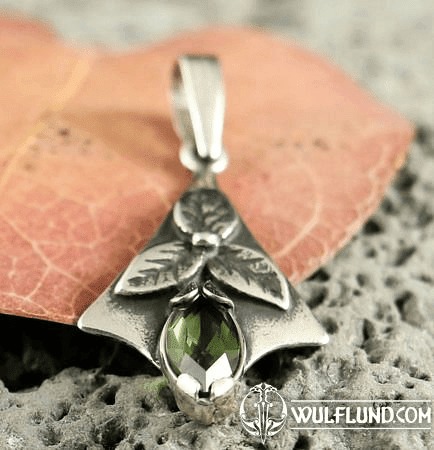 SHAMROCK, PENDENTIF, MOLDAVITE, ARGENT