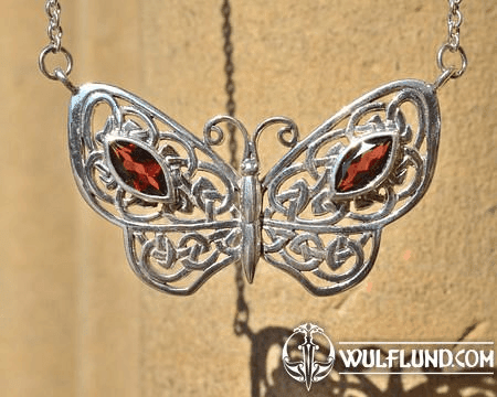 LARGE BUTTERFLY NECKLACE, GARNETS, SILVER 925, 14 G