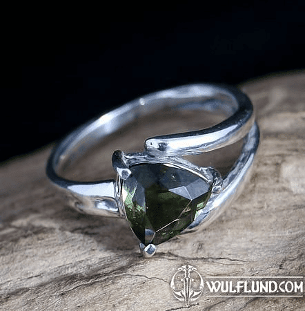 MOLDAVITE RING, TRILLION CUT, STERLING SILVER