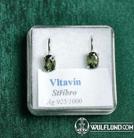 EARRINGS WITH MOLDAVITE, OVAL, SILVER 925