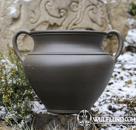 DOUBLE-EARED VASE INFLUENCED BY ANTIQUE PATTERNS, CELTIC GRAPHITE CERAMIC