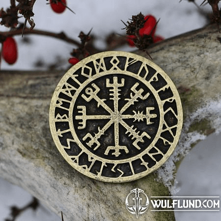 VEGVISIR, ICELANDIC RRUNES, PENDANT, ZINC ANT. BRASS