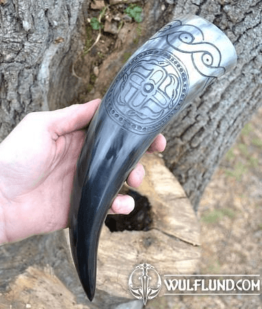 CARVED DRINKING HORN, SLAVIC SWASTIKA