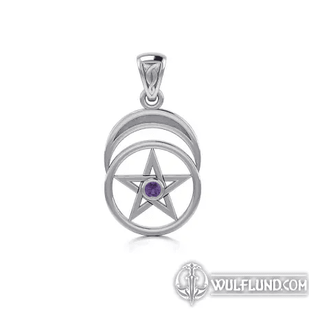 PENTACLE AND LUNA WITH AMETHYST, SILVER PENDANT, AG 925
