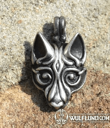 VIKING WOLF HEAD, SILVERED PENDANT BY WULFLUND