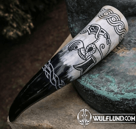 VIKING RAVEN, CARVED DRINKING HORN