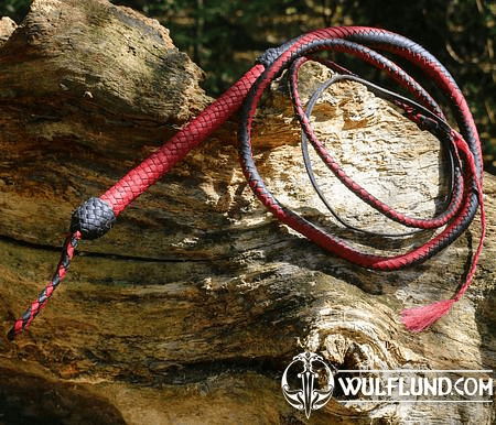 BRAIDED LEATHER COW WHIP, RED - BLACK