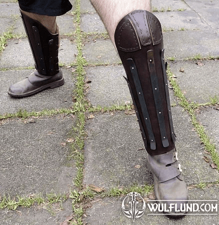 HEAVY LEATHER GREAVES REINFORCED WITH STEEL STRIPS, WITH KNEE PROTECTION, PRICE FOR THE PAIR