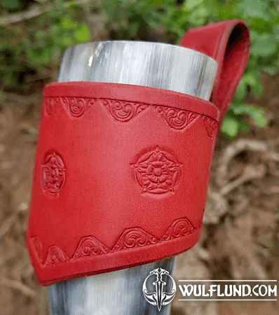 FLOWER, LEATHER DRINKING HORN HOLDER, RED