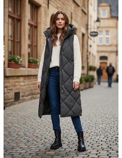 Dámska dlhá prešívaná vesta tmavozelená