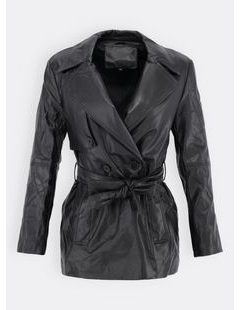 Dámska kožená bunda s opaskom čierna