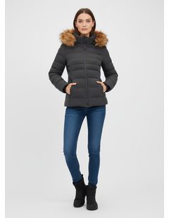 Dámska prešívaná bunda s kožušinou tmavozelená